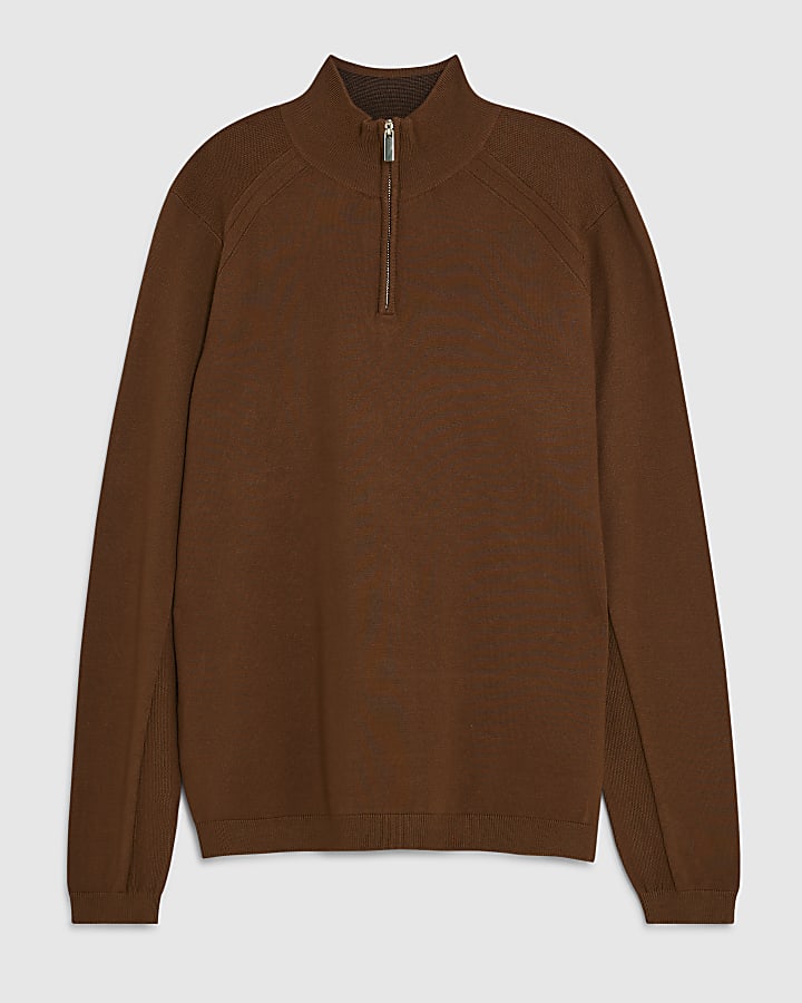 river island Brown Slim Fit Half Zip Jumpers