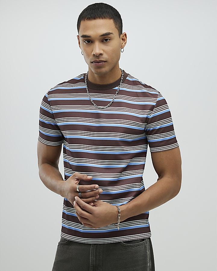 River Island Brown Slim Fit Pique Stripe T-Shirt