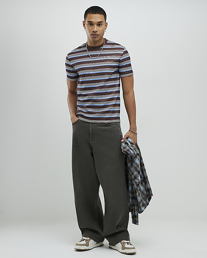 River Island Brown Slim Fit Pique Stripe T-Shirt