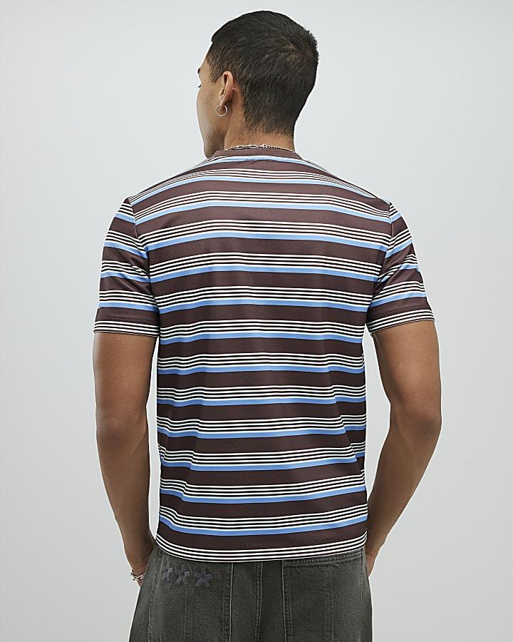 River Island Brown Slim Fit Pique Stripe T-Shirt