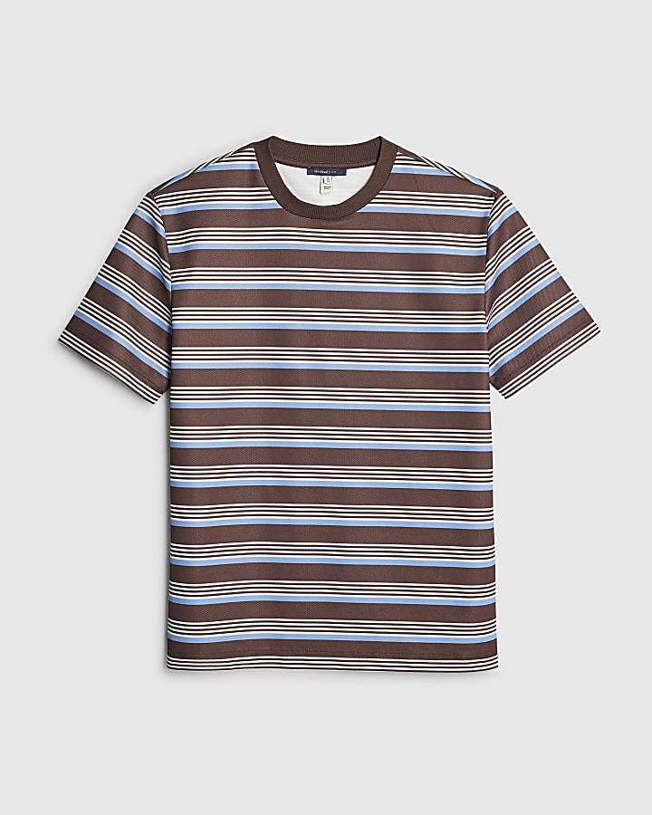river island Brown Slim Fit Pique Stripe T-Shirt