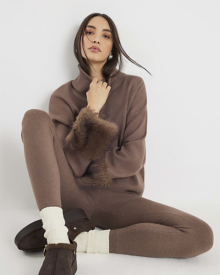 River Island Brown Slim Knitted Jogger Trousers