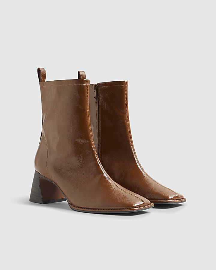 River Island Brown Square Toe Heeled Boots