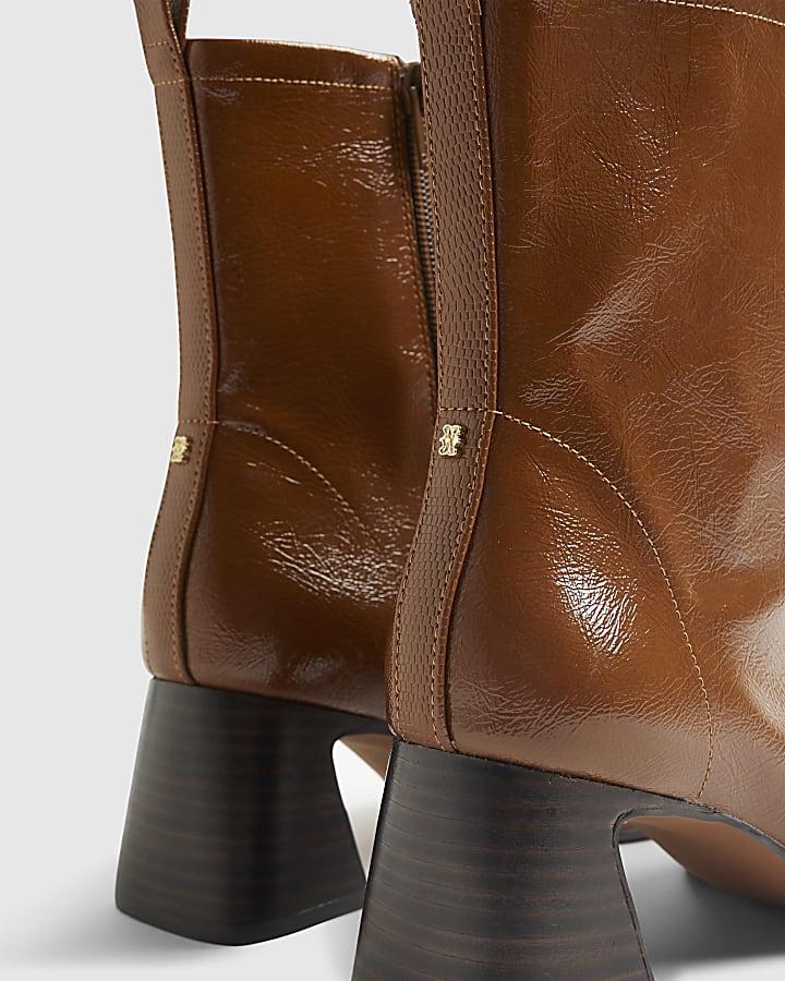 river island Brown Square Toe Heeled Boots