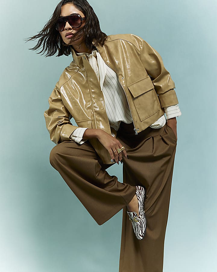 River Island Brown Stripe Wide Leg Trousers