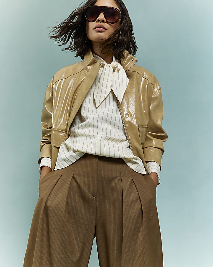 River Island Brown Stripe Wide Leg Trousers