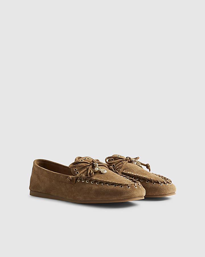 River Island Brown Suede Eyelet Loafers