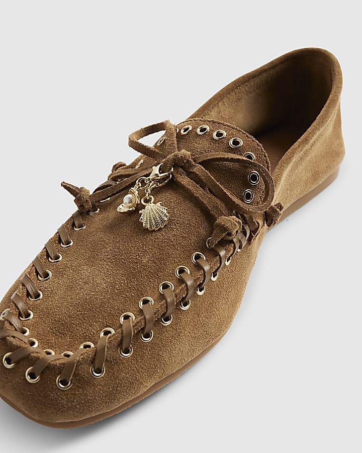 River Island Brown Suede Eyelet Loafers