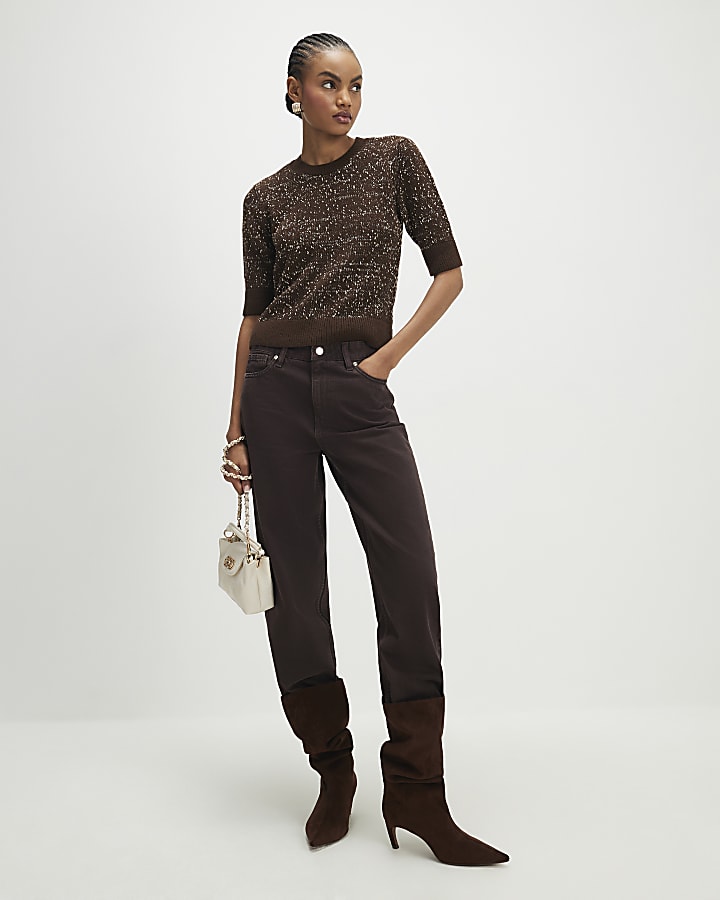 River Island Brown Textured Knit Short Sleeve Top