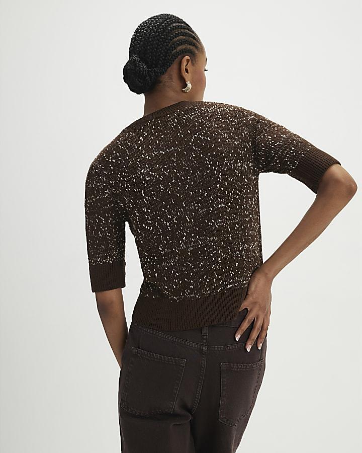 River Island Brown Textured Knit Short Sleeve Top