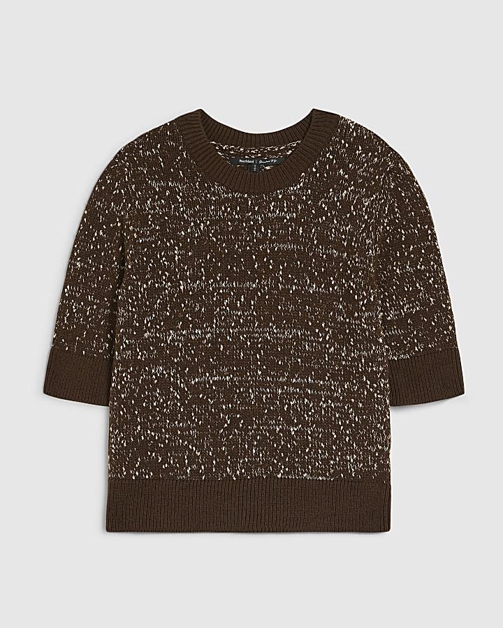 river island Brown Textured Knit Short Sleeve Top
