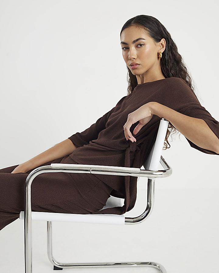 River Island Brown Textured Tie Front T-shirt