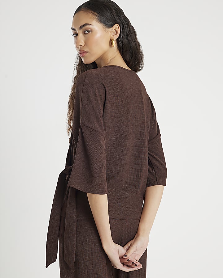 River Island Brown Textured Tie Front T-shirt