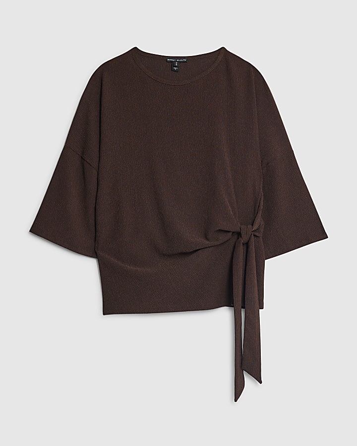 river island Brown Textured Tie Front T-shirt
