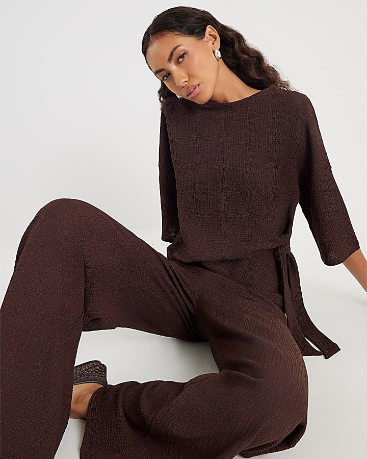 River Island Brown Textured Wide Leg Trousers