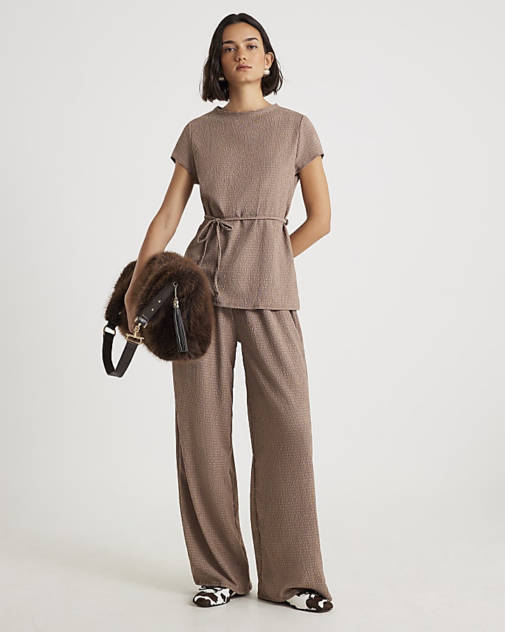 River Island Brown Textured Wide Leg Trousers