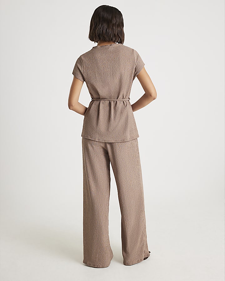 River Island Brown Textured Wide Leg Trousers