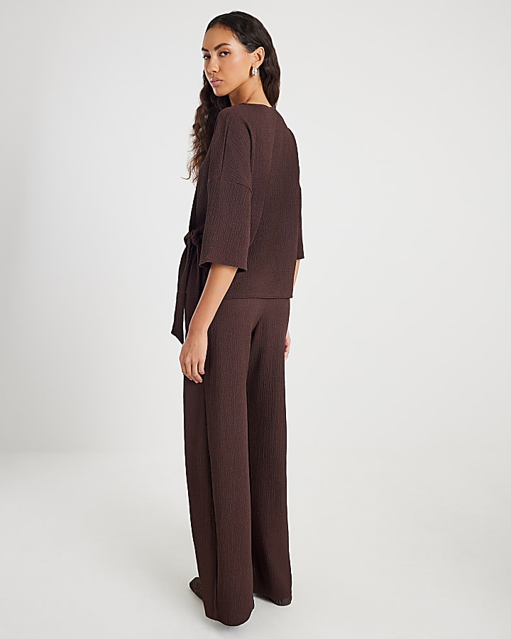 river island Brown Textured Wide leg Trousers