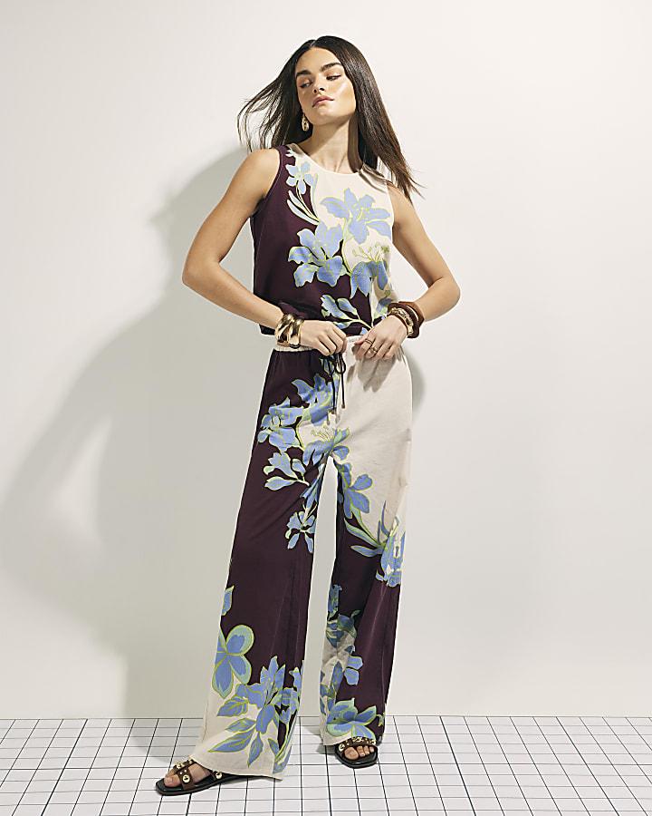 River Island Brown Tropical Border Beach Top