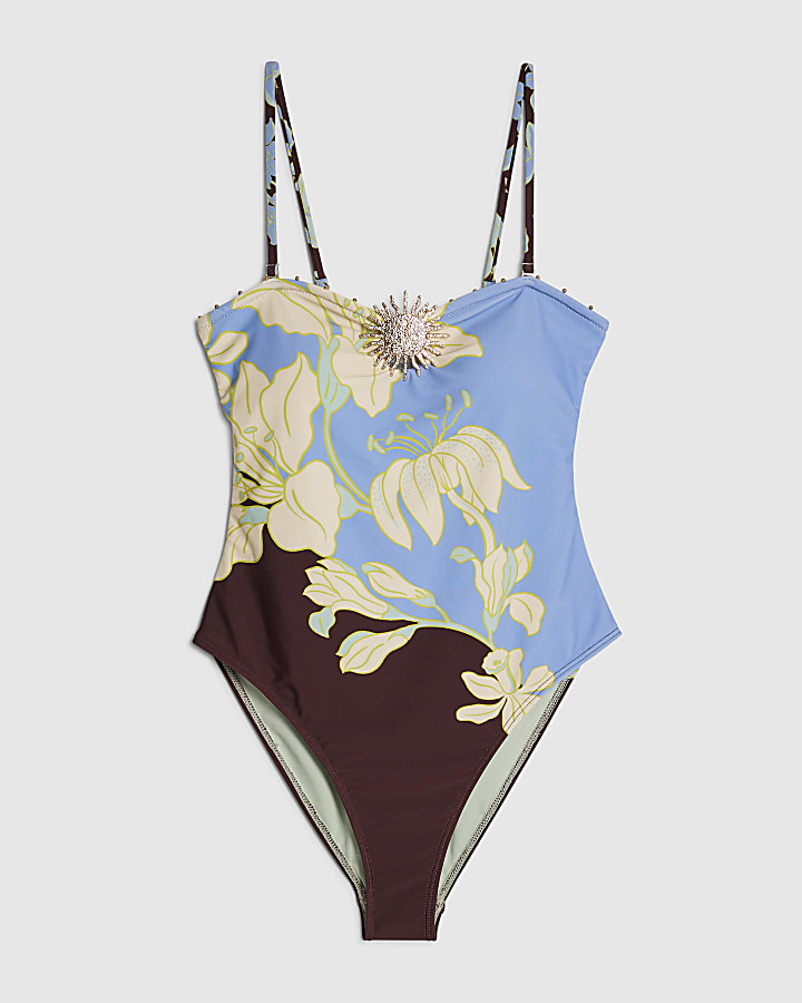 river island Brown Tropical Print Swimsuit