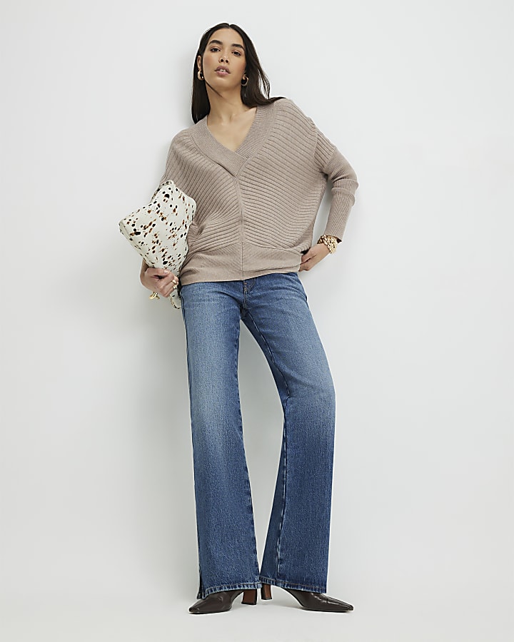 River Island Brown V Neck Ribbed Jumper
