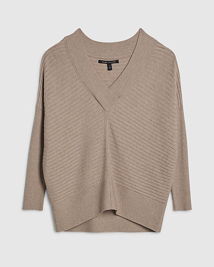 river island Brown V Neck Ribbed Jumper