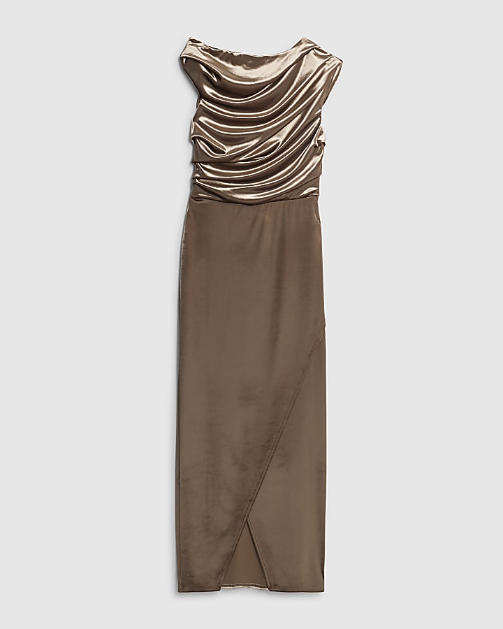 river island Brown Velvet Drape Midi Dress