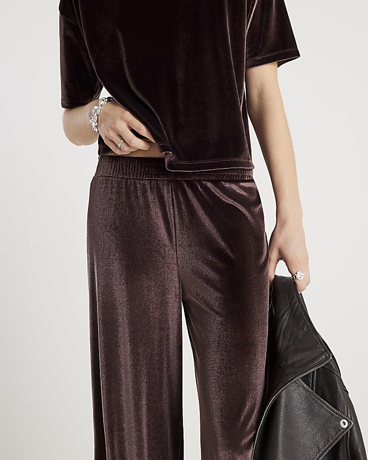 River Island Brown Velvet Wide Leg Joggers
