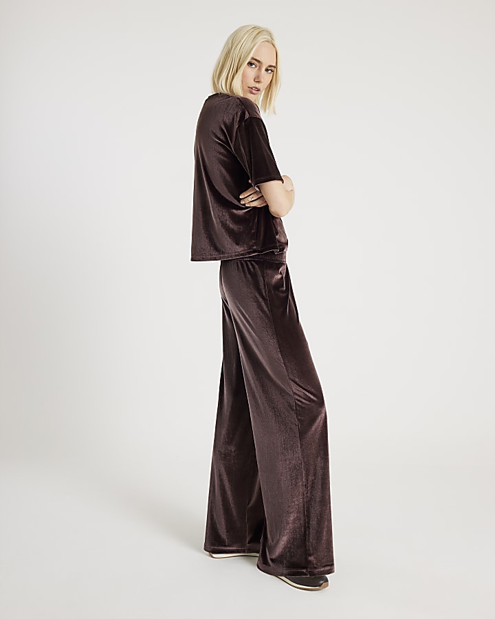 River Island Brown Velvet Wide Leg Joggers