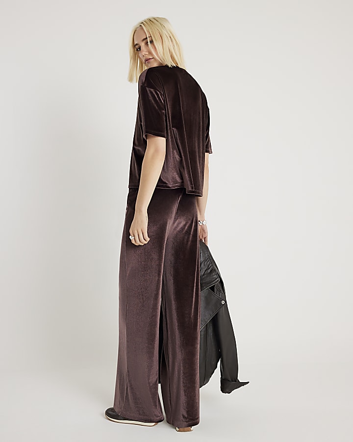 River Island Brown Velvet Wide Leg Joggers