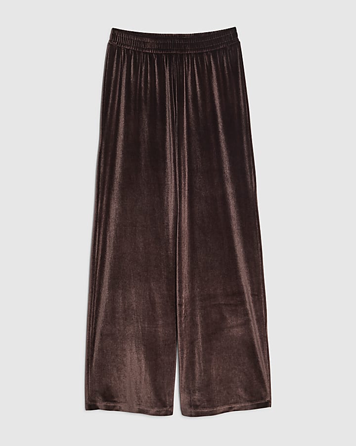 river island Brown Velvet Wide Leg Joggers
