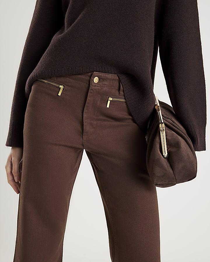 River Island Brown Zip Front Relaxed Flared Jeans