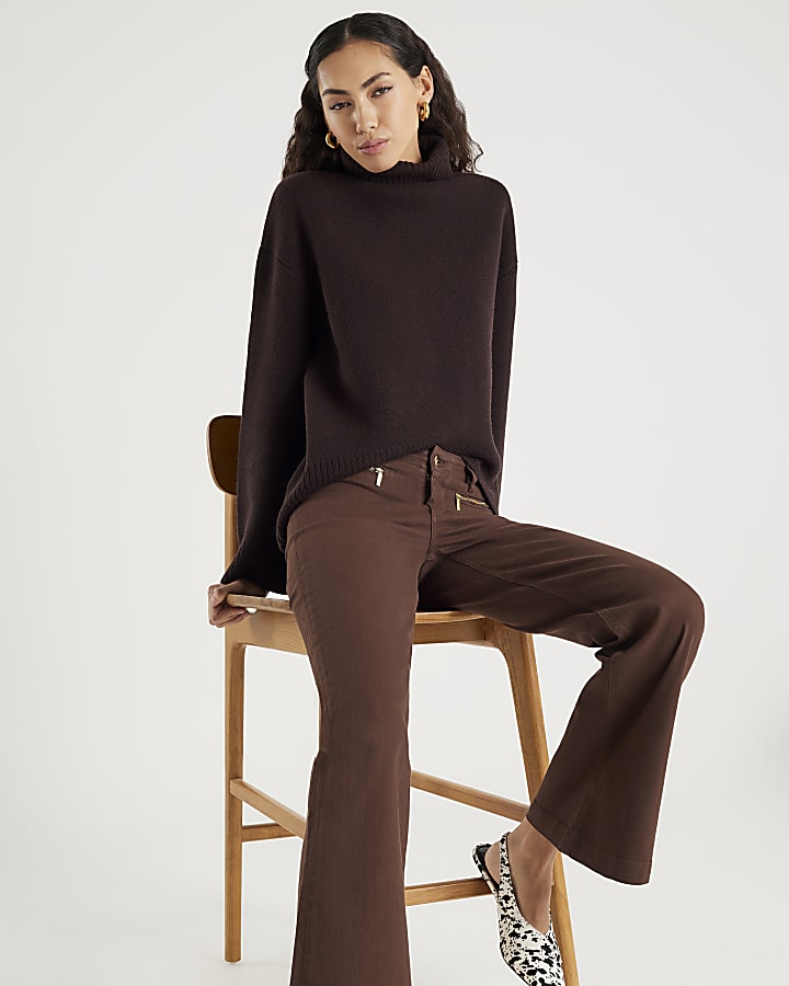 River Island Brown Zip Front Relaxed Flared Jeans