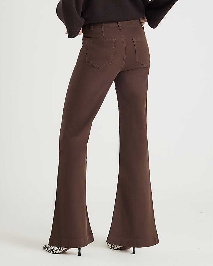 River Island Brown Zip Front Relaxed Flared Jeans