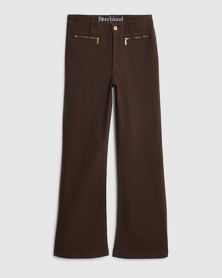 river island Brown Zip Front Relaxed Flared Jeans