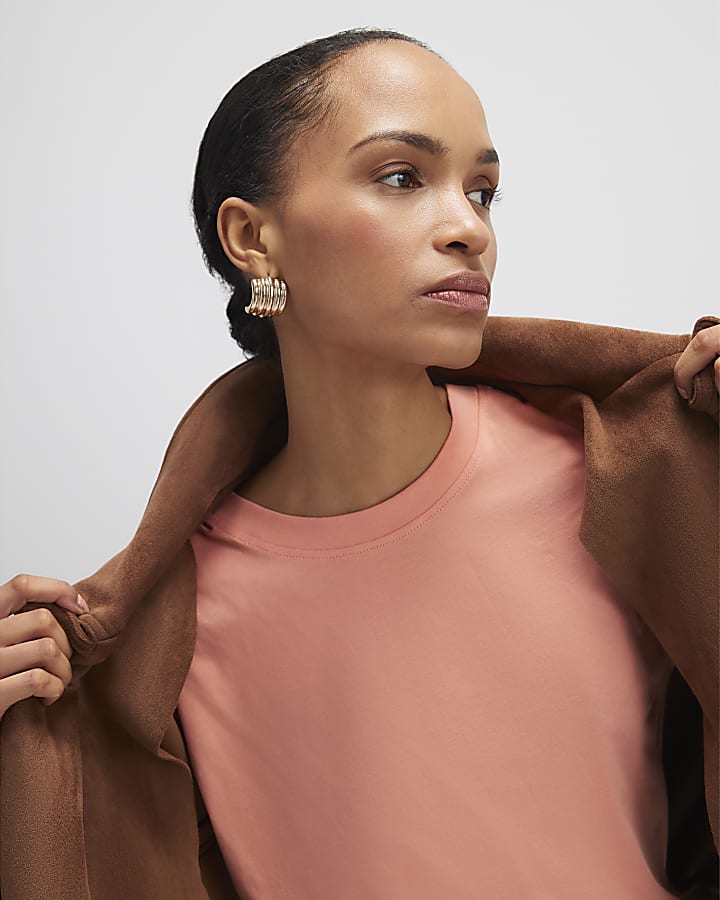 River Island Coral Grown On Sleeve T-Shirt