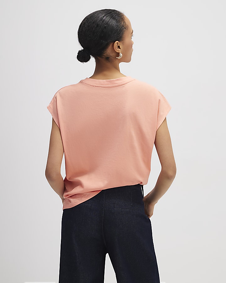 River Island Coral Grown On Sleeve T-Shirt