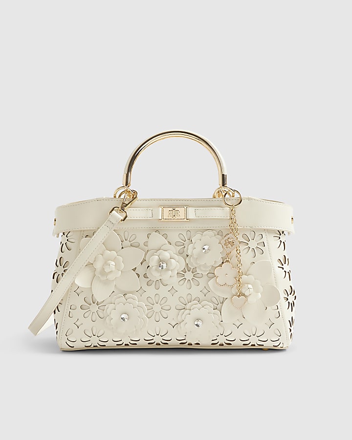 River Island Cream 3D Floral Laser Cut Tote Bag