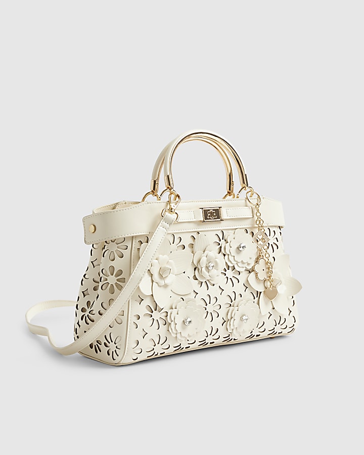 River Island Cream 3D Floral Laser Cut Tote Bag