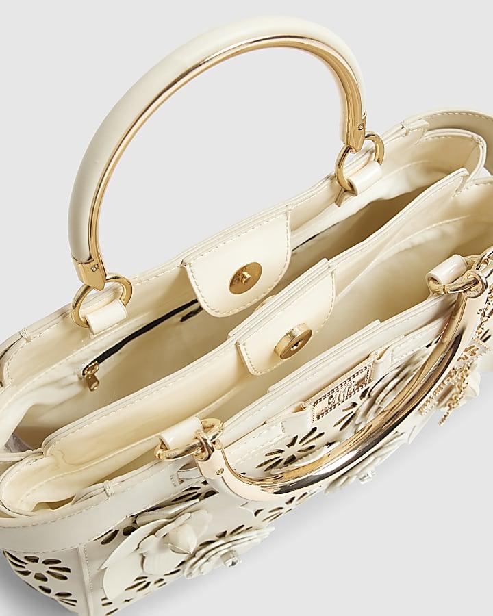 river island Cream 3D Floral Laser Cut Tote Bag