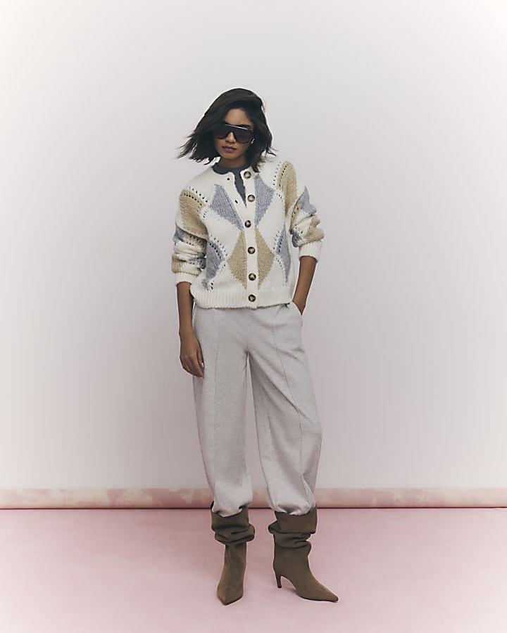 River Island Cream Argyle Chunky Knitted Cardigan