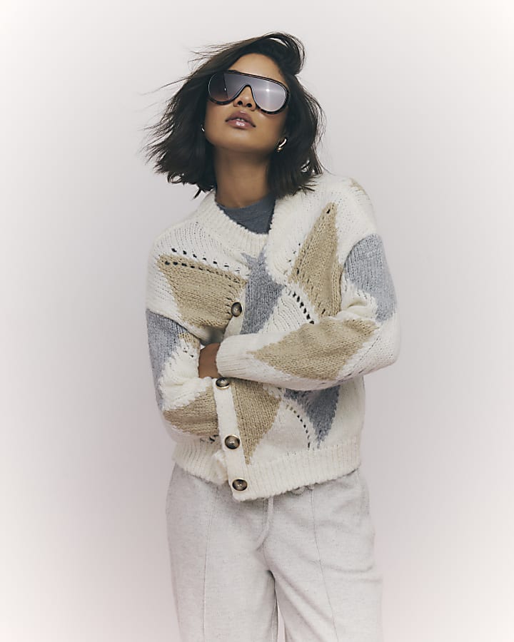 River Island Cream Argyle Chunky Knitted Cardigan