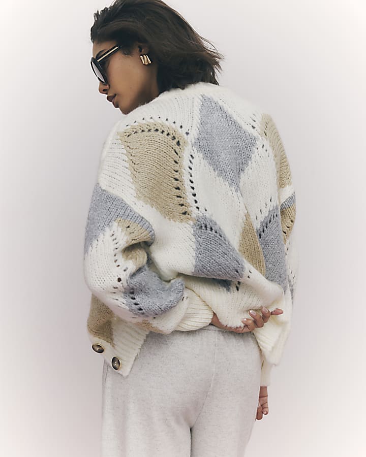 River Island Cream Argyle Chunky Knitted Cardigan