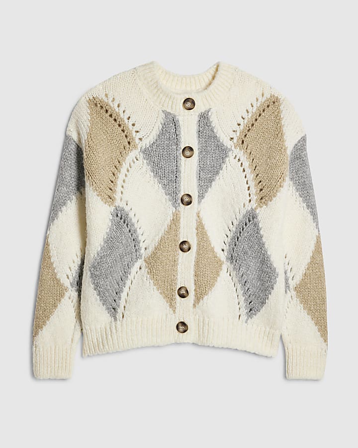 river island Cream Argyle Chunky Knitted Cardigan