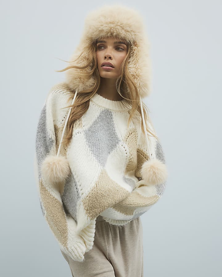 River Island Cream Argyle Jumper