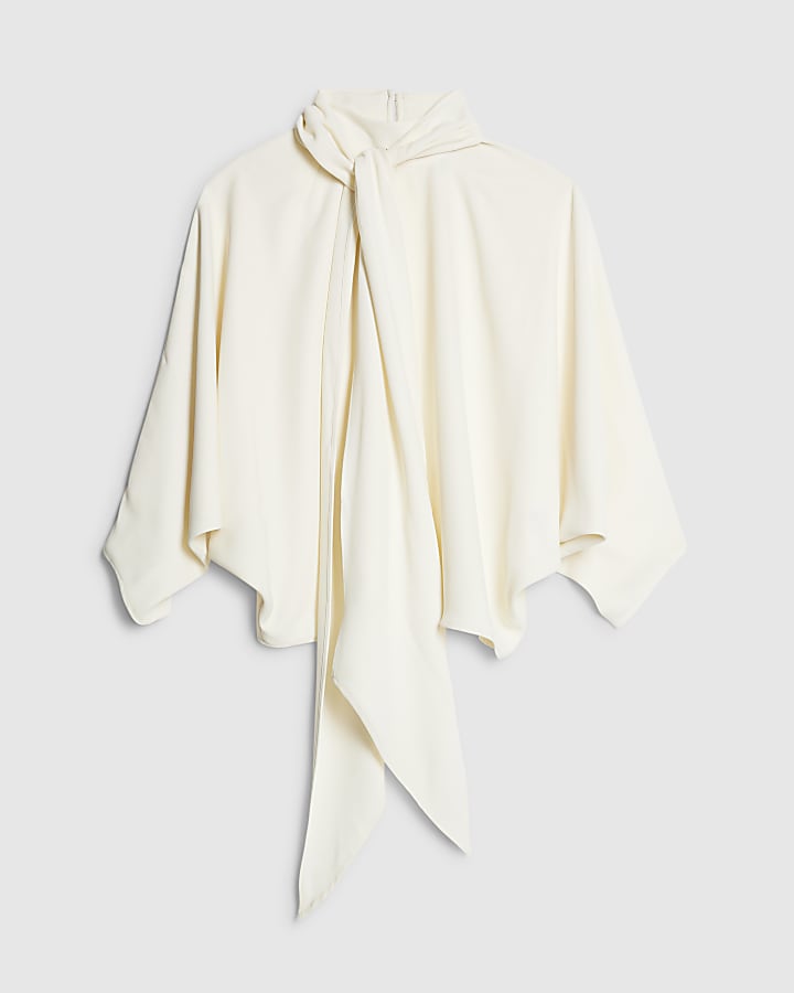 river island Cream Batwing Sleeve Pussybow Blouse