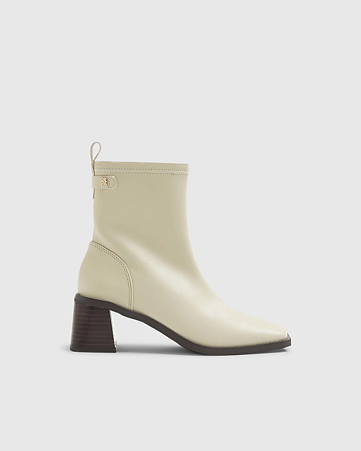 River Island Cream Block Heel Stretch Sock Boots