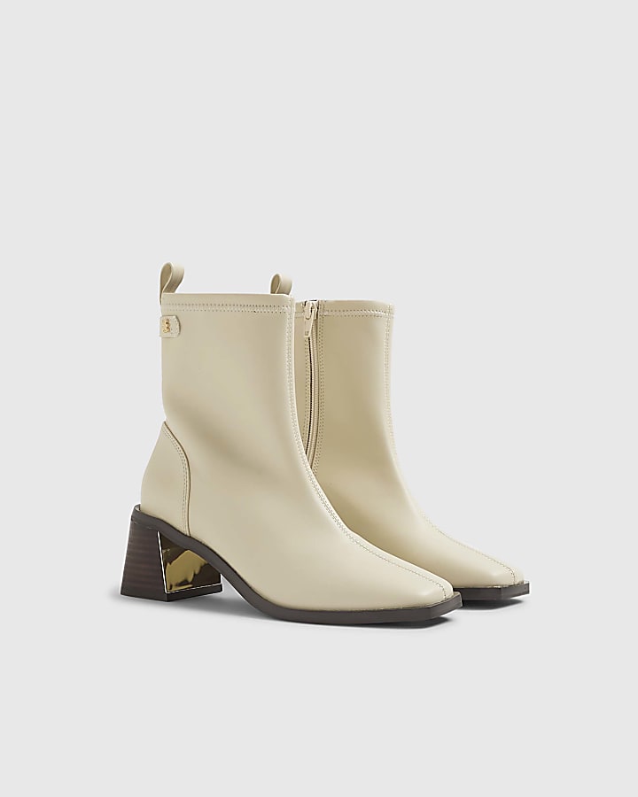 River Island Cream Block Heel Stretch Sock Boots