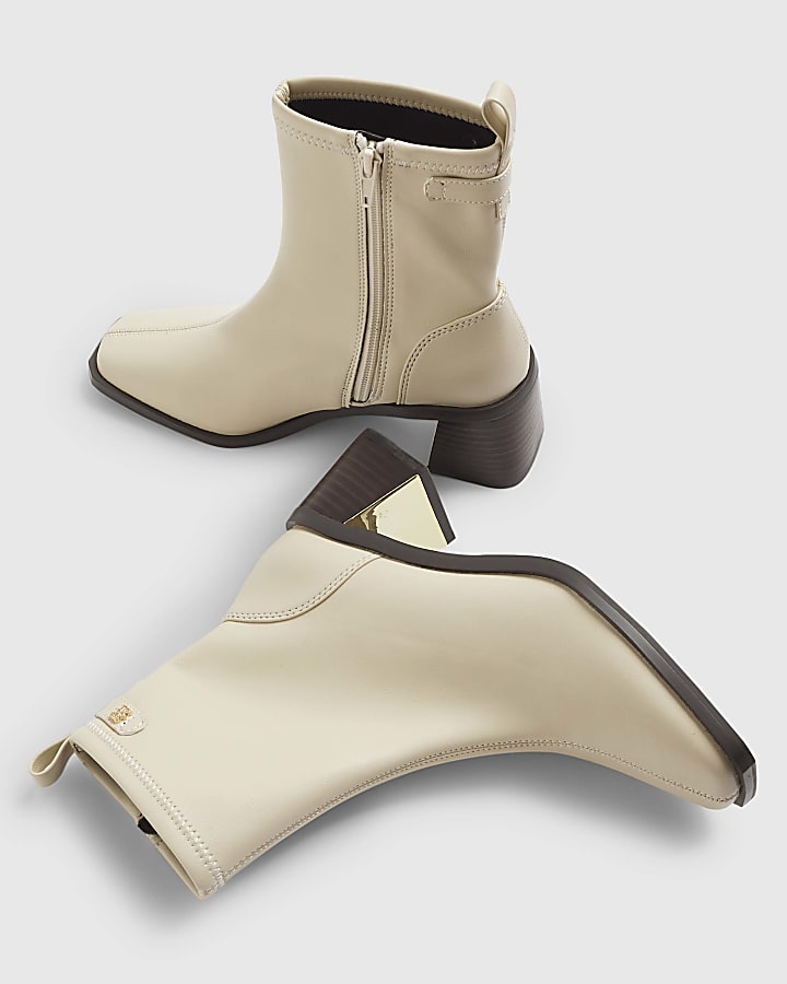 river island Cream Block Heel Stretch Sock Boots