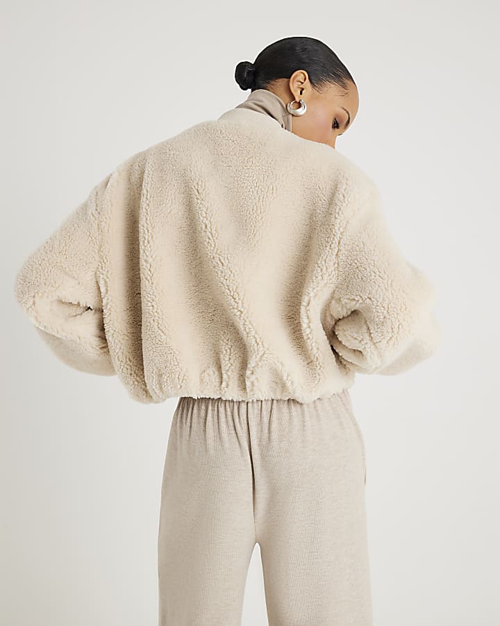 River Island Cream Borg Bomber Jacket